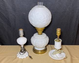 Trio Of Vintage Milk glass Electric Lamps Globe Oil Lamp Style And Candle Stick Style 