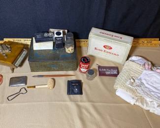 Versatile Vintage Assortment Rada Knife Sharpener, Luxor Tin, Corn Cob Pipe, Girls Clothes, And Mor
