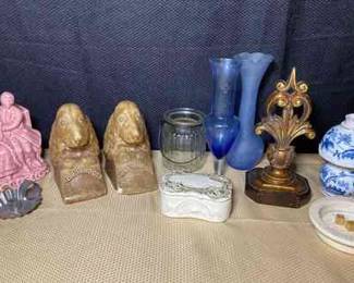 Mixed Decor Lot Wrice And Co Lamp, Ceramics, Chattanooga Dog Door Stoppers, And More