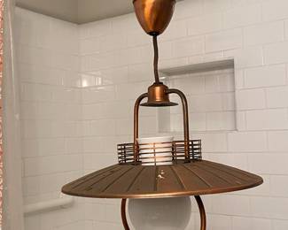 Vintage MCM Bronzey Lantern Flying Saucer Style Hanging Lamp 