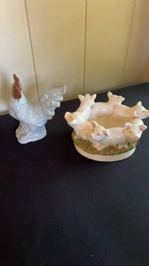 Ceramic Rooster And Circle Of Pigs Planter