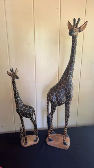 Two Wooden Giraffe Carvings Made In Kenya