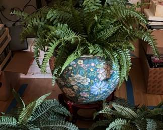 MidCentury Asian Ceramic Fish Bowl Planter On Stand W Artificial Fern  3 Addl Artificial Plants