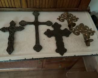 3 Cast Iron Metal Crosses And Pair Of Wall Sconces