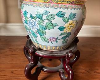 Antique Oriental VTG ceramic porcelain Hand Painted Floral Koi Vase/Pot with stand 10”x12” inside painted as well $175