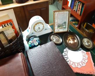 Items on the keyhole desk in the basement. 