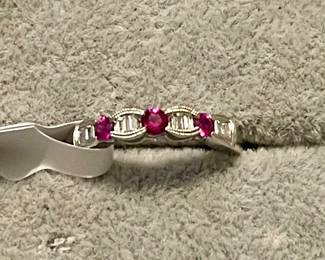 14k white gold baguette diamond and ruby band size 7 1/4