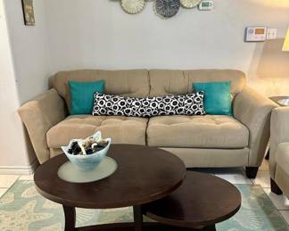 high low coffee table, nice and neutral sofa and love seat