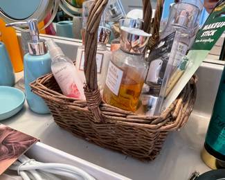 vanity items, lotions, perfume mist and bathroom decor