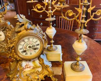 French clock with gorgeous antique pair of three candle candleabras