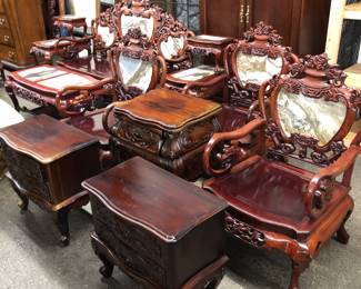 Antique Carved Wood and Marble Dragon Set