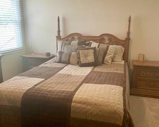 Queen wooden bed with mattress and boxsprings, Stanley matching night stands