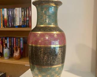 Enameled brass vase, one of two.