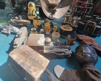 antique mining lamps, banks, cast iron toys