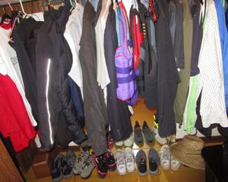 A lot of men's clothing and shoes, trucker hats and more