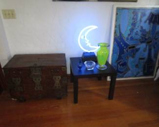 Antique Asian chest, neon light, art glass, orrefors and more