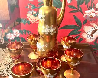 Czech gold and red decanter w/ glasses