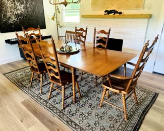 Tell city solid hard rock maple early American dining room set with 6 ladderback chairs and matching double drop leaf table with 3 middle table leaves! - 8036 - #48 with Andover Finish