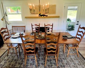 Tell city solid hard rock maple early American dining room set with 6 ladderback chairs and matching double drop leaf table with 3 middle table leaves! - 8036 - #48 with Andover Finish