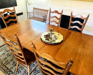 Tell city solid hard rock maple early American dining room set with 6 ladderback chairs and matching double drop leaf table with 3 middle table leaves! - 8036 - #48 with Andover Finish