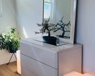 Post Modern vintage lacquered dresser by "Lane" with matching mirror. Matching post modern light up cubes with multiple uses and set up variations . 