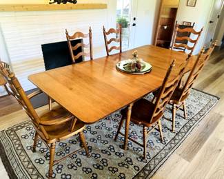 Tell city solid hard rock maple early American dining room set with 6 ladderback chairs and matching double drop leaf table with 3 middle table leaves! - 8036 - #48 with Andover Finish