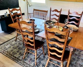 Tell city solid hard rock maple early American dining room set with 6 ladderback chairs and matching double drop leaf table with 3 middle table leaves! - 8036 - #48 with Andover Finish