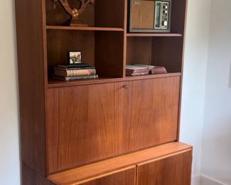 Midcentury Modern Danish Two Piece Cabinet Shelf with Desk and Storage.