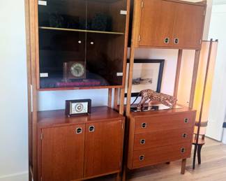 Two Ello Midcentury Modern Walnut Free Standing Wall Unit - One with Smoked Glass Doors - Sold As Set (have middle section cabinet and shelf not pictured. These are typically 2-4/5 wall units)
