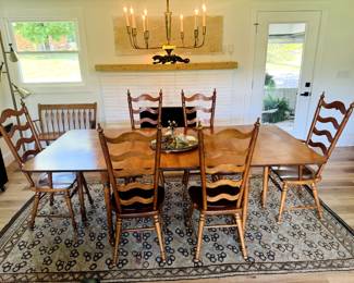 Tell city solid hard rock maple early American dining room set with 6 ladderback chairs and matching double drop leaf table with 3 middle table leaves! - 8036 - #48 with Andover Finish