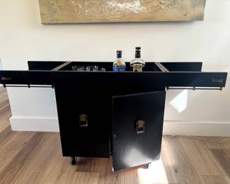 Vintage Black Bar Cart with open top on wheels 