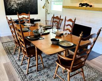 Tell city solid hard rock maple early American dining room set with 6 ladderback chairs and matching double drop leaf table with 3 middle table leaves! - 8036 - #48 with Andover Finish