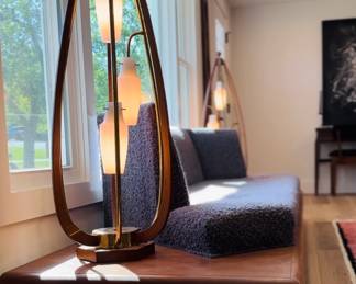 Pair of midcentury modern table lamps by "Majestic" - 3 light settings and brass detail. 