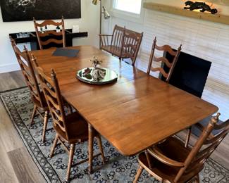 Tell city solid hard rock maple early American dining room set with 6 ladderback chairs and matching double drop leaf table with 3 middle table leaves! - 8036 - #48 with Andover Finish