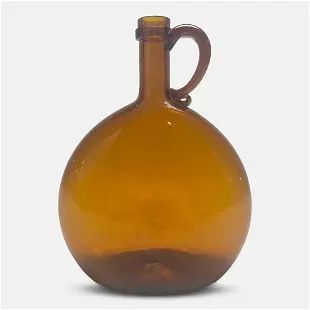 Antique 19thC American Amber Glass Handled Flask Bottle