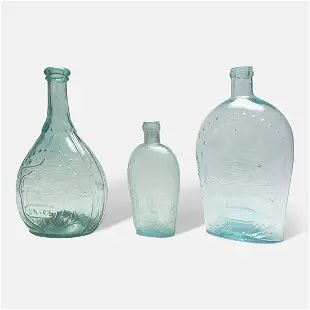 Three Antique 19thC Aquamarine Glass Union Eagle Historical American Flasks
