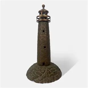 Antique Solid Bronze Tall Ocean Lighthouse Figural Table Lamp