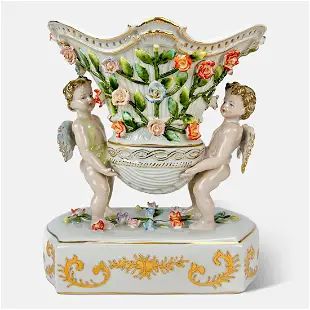 Antique German Porcelain Group Putti Cherubs Holding Aloft Container w/Flowers