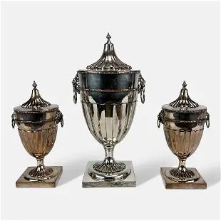 Antique English John Parsons Sheffield Silver Plate Classical Fluted Urns w/Lion Handles