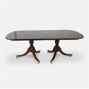 Mid-20thC Mahogany Double Pedestal Sheraton-Style Extension Dining Table w/Leaves