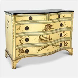 Vintage 1930s Widdicomb Cream and Green Serpentine Chinoiserie Chest of Drawers