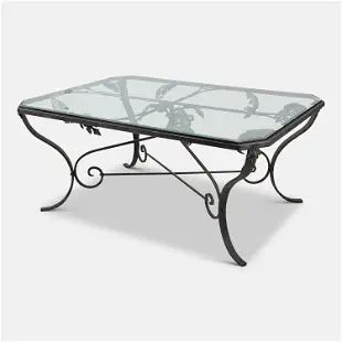 Wrought Iron, Molded Brass and Glass Top Octagonal Outdoor Low Table