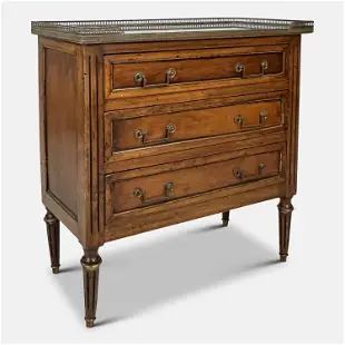 French 20thC Directoire Style Marble-Top Three-Drawer Walnut Commode