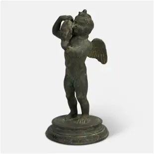 Antique Italian Grand Tour Bronze Putti Cupid holding a Dolphin Statue  'Amore con Delfino'.