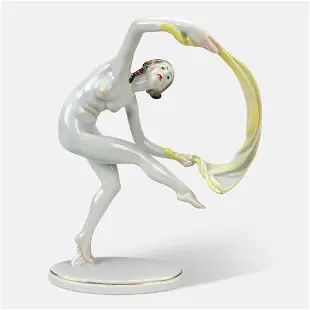 Herend Porcelain Statue Art Deco Figurine Nude Woman Scarf Dancer 1997 Artist Show