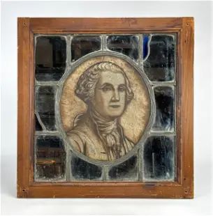 Antique American Painted Stained Leaded Glass Window George Washington Portrait
