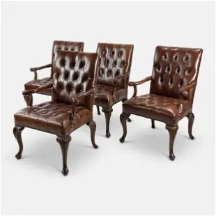 Theodore Alexander Set of Four Tufted Leather Mahogany Wood Library Armchairs