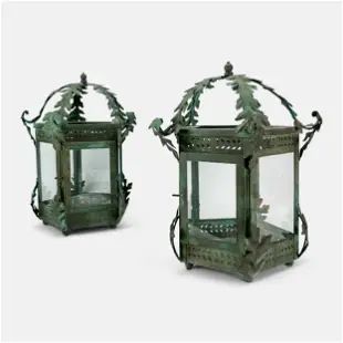 Pair Terrain Verdigris Copper & Glass Five Sided Table Lanterns w/Oak Leaves