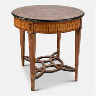 Contemporary Italian Decorative Burl Hardwood Inlay Center Table Round Stand