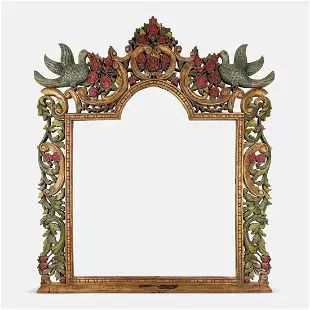 Huge 8' Polychrome Paint Decorated Carved Wood Mirror/Headboard Frame w/Dove Birds-Scrolling Roses